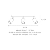 Billenthető spotos mennyezeti lámpa fa sínen méretei (3 izzós – 61 cm-es sín): 61 × 45 × 17,5 cm