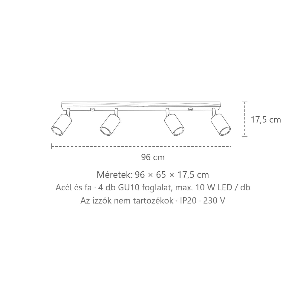 Billenthető spotos mennyezeti lámpa fa sínen méretei (4 izzós – 96 cm-es sín): 96 × 65 × 17,5 cm