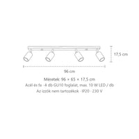 Billenthető spotos mennyezeti lámpa fa sínen méretei (4 izzós – 96 cm-es sín): 96 × 65 × 17,5 cm
