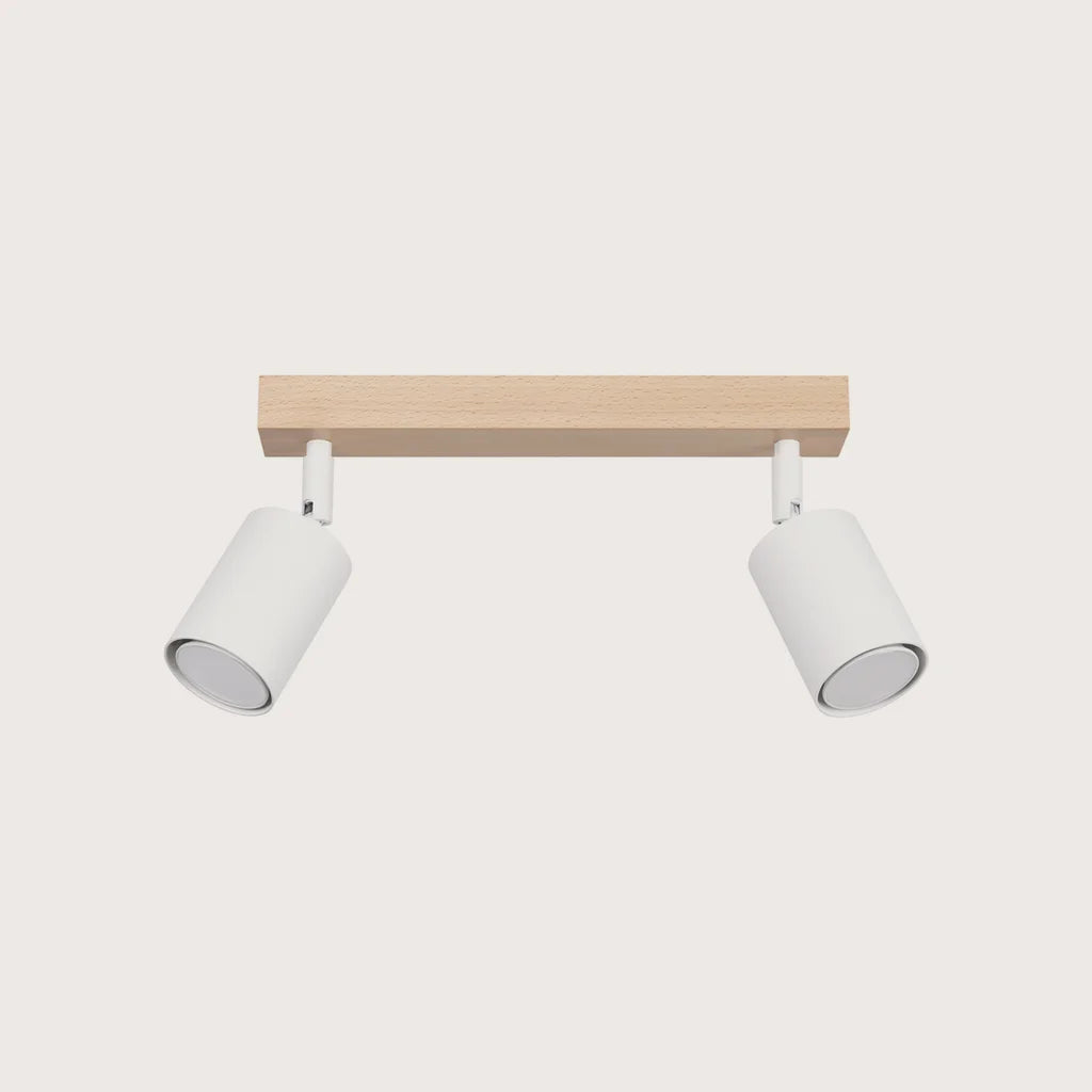 Billenthető spotos mennyezeti lámpa fa sínen, fehér/natúr fa (2 izzós – 46 cm-es sín)