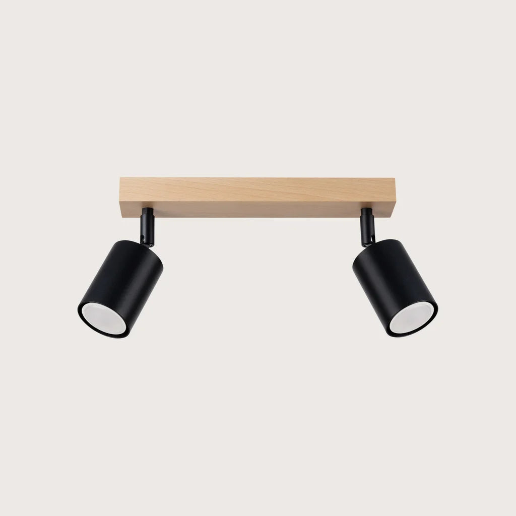 Billenthető spotos mennyezeti lámpa fa sínen, fekete/natúr fa (2 izzós – 46 cm-es sín)