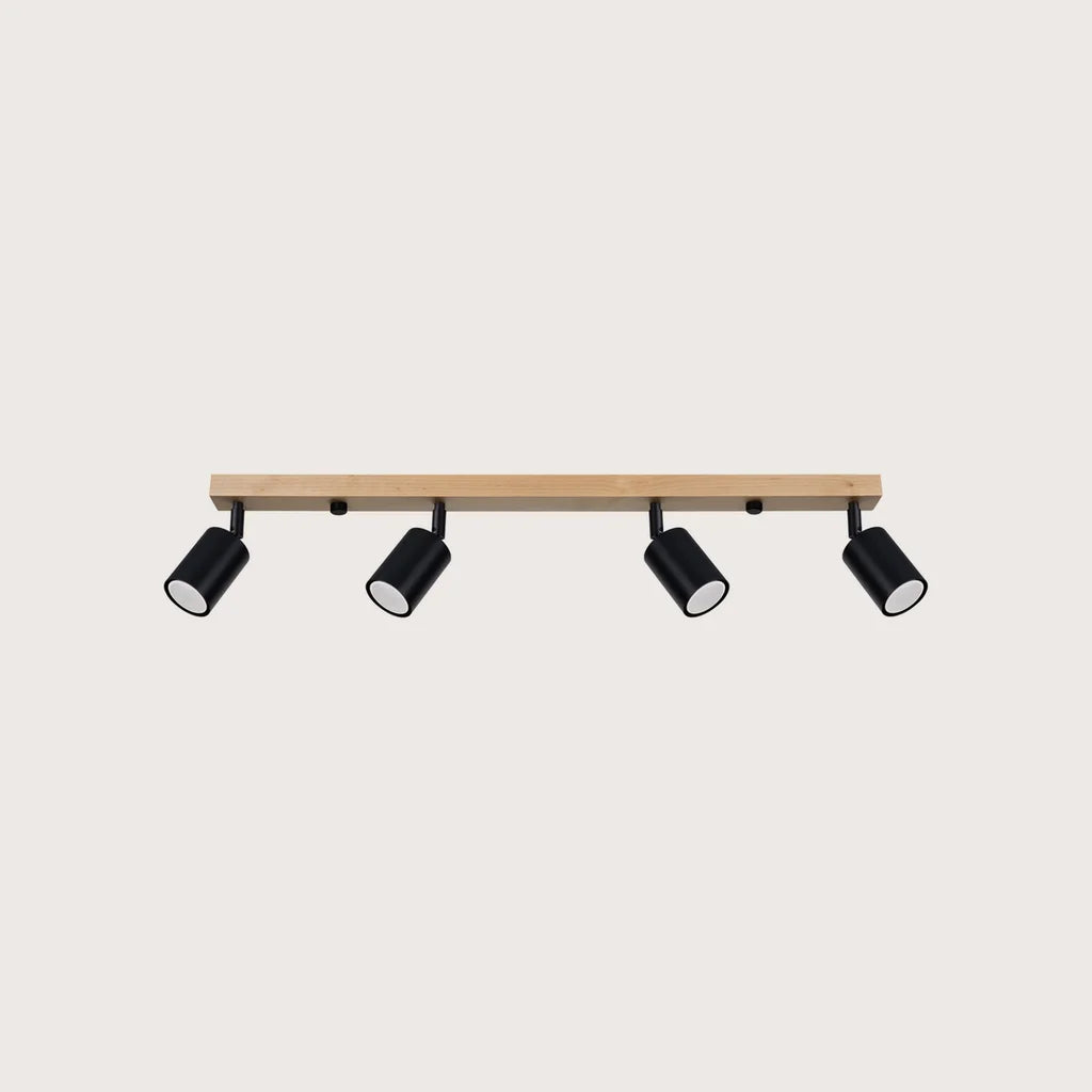 Billenthető spotos mennyezeti lámpa fa sínen, fekete/natúr fa (4 izzós – 96 cm-es sín)