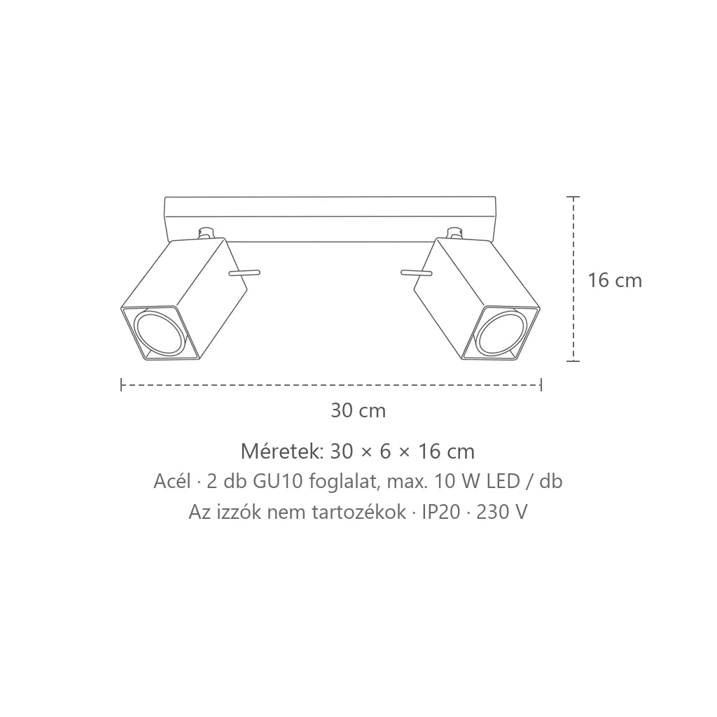 Billenthető szögletes spotos mennyezeti lámpa méretei (2 izzós – 30 cm-es sín): 30 × 6 × 16 cm