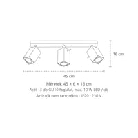 Billenthető szögletes spotos mennyezeti lámpa méretei (3 izzós – 45 cm-es sín): 45 × 6 × 16 cm