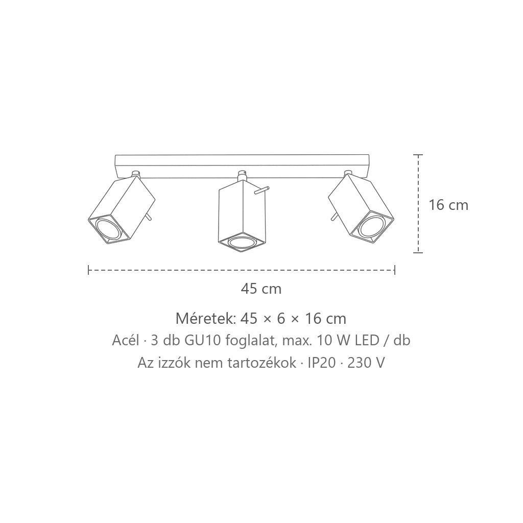 Billenthető szögletes spotos mennyezeti lámpa méretei (3 izzós – 45 cm-es sín): 45 × 6 × 16 cm