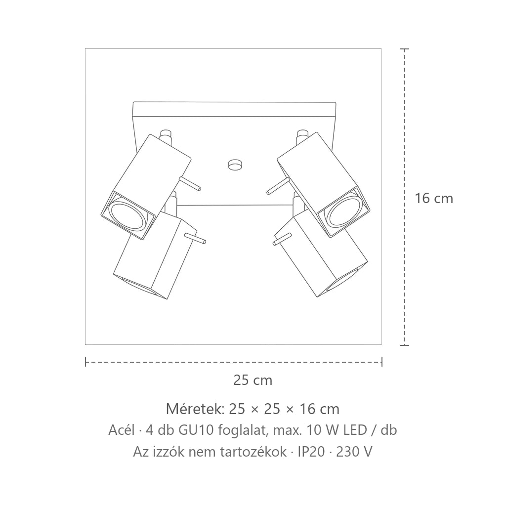 Billenthető szögletes spotos mennyezeti lámpa méretei (4 izzós – négyzetes talp, 25 × 25 cm): 25 × 25 × 16 cm
