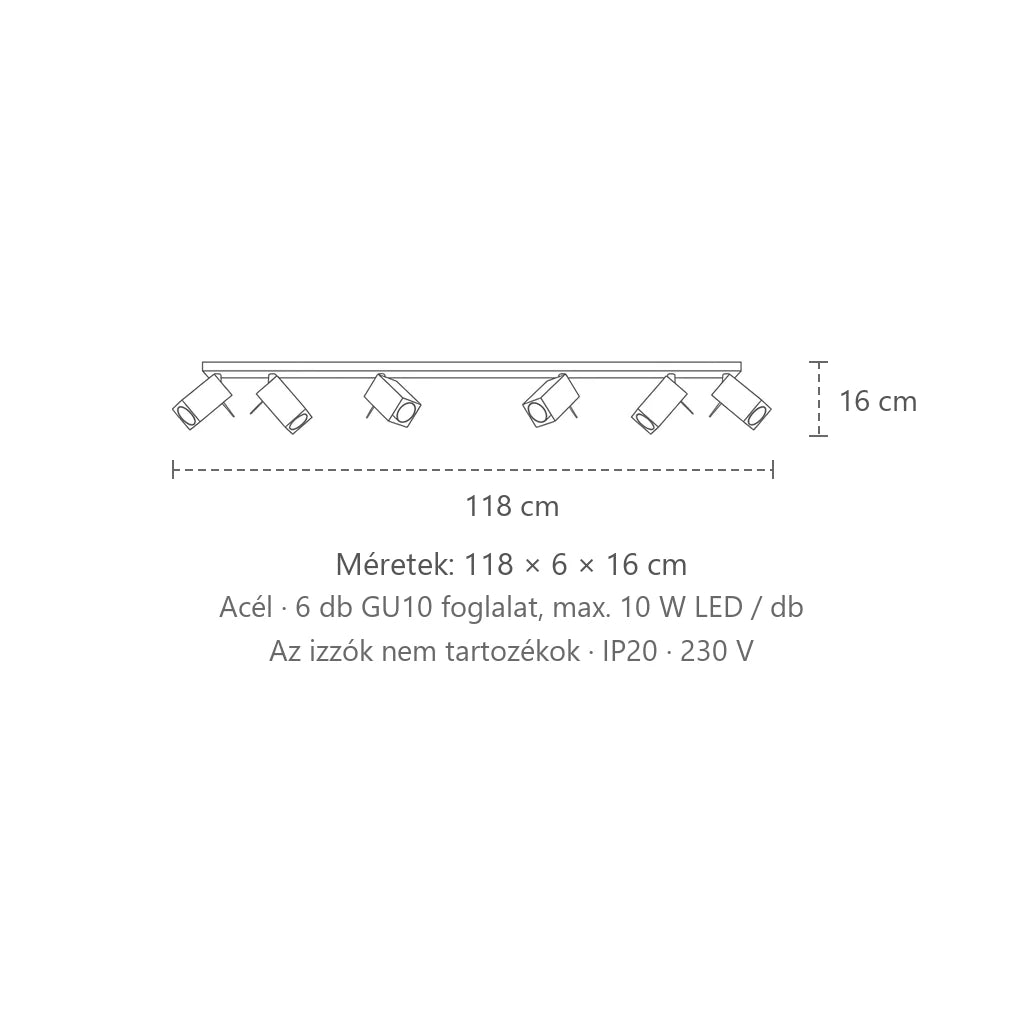 Billenthető szögletes spotos mennyezeti lámpa méretei (6 izzós – 118 cm-es sín): 118 × 6 × 16 cm