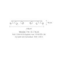 Billenthető szögletes spotos mennyezeti lámpa méretei (6 izzós – 118 cm-es sín): 118 × 6 × 16 cm