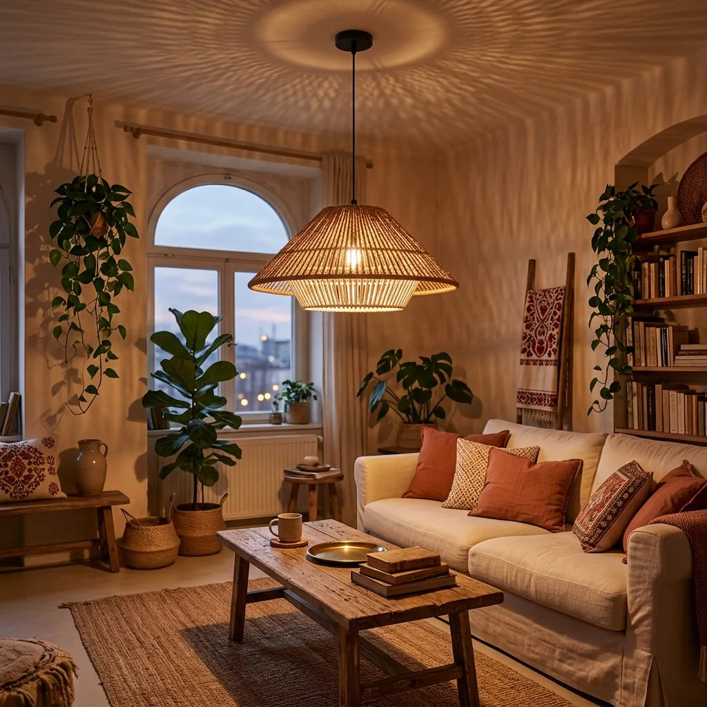 Boho rattan kúp lámpabúra a nappali dohányzóasztala fölött