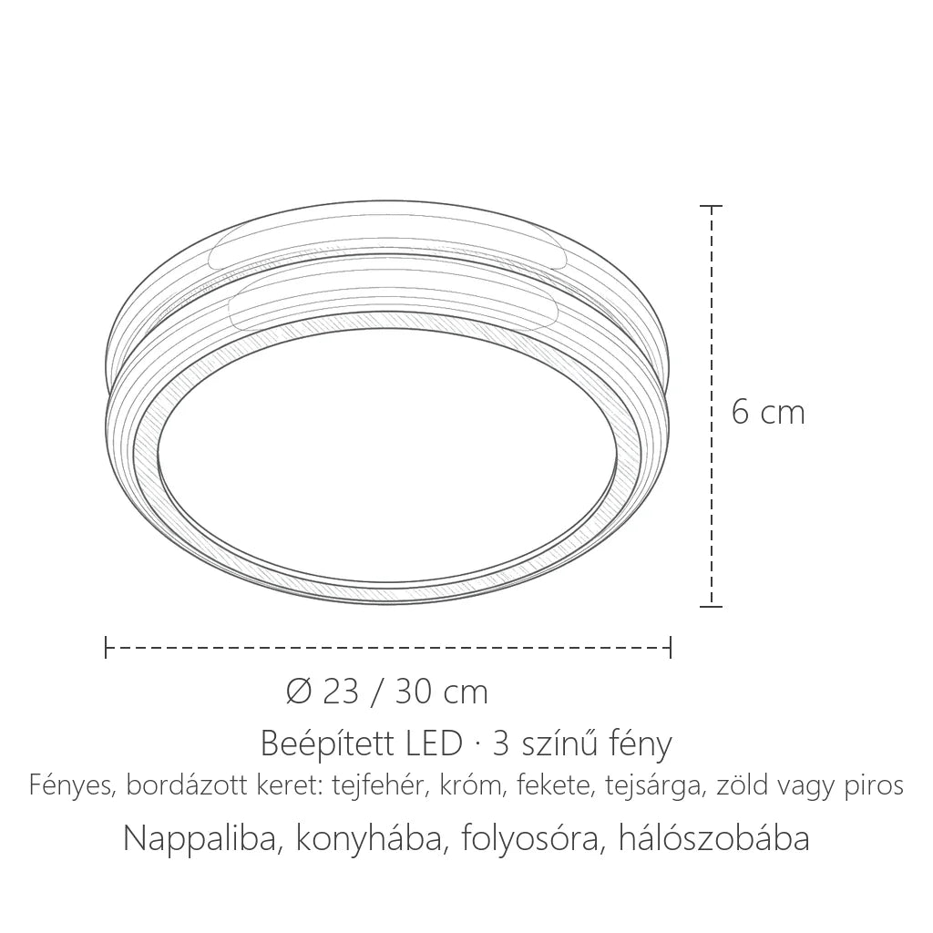 Bordázott LED lámpa méretei: Ø 23 / 30 cm, 6 cm magas