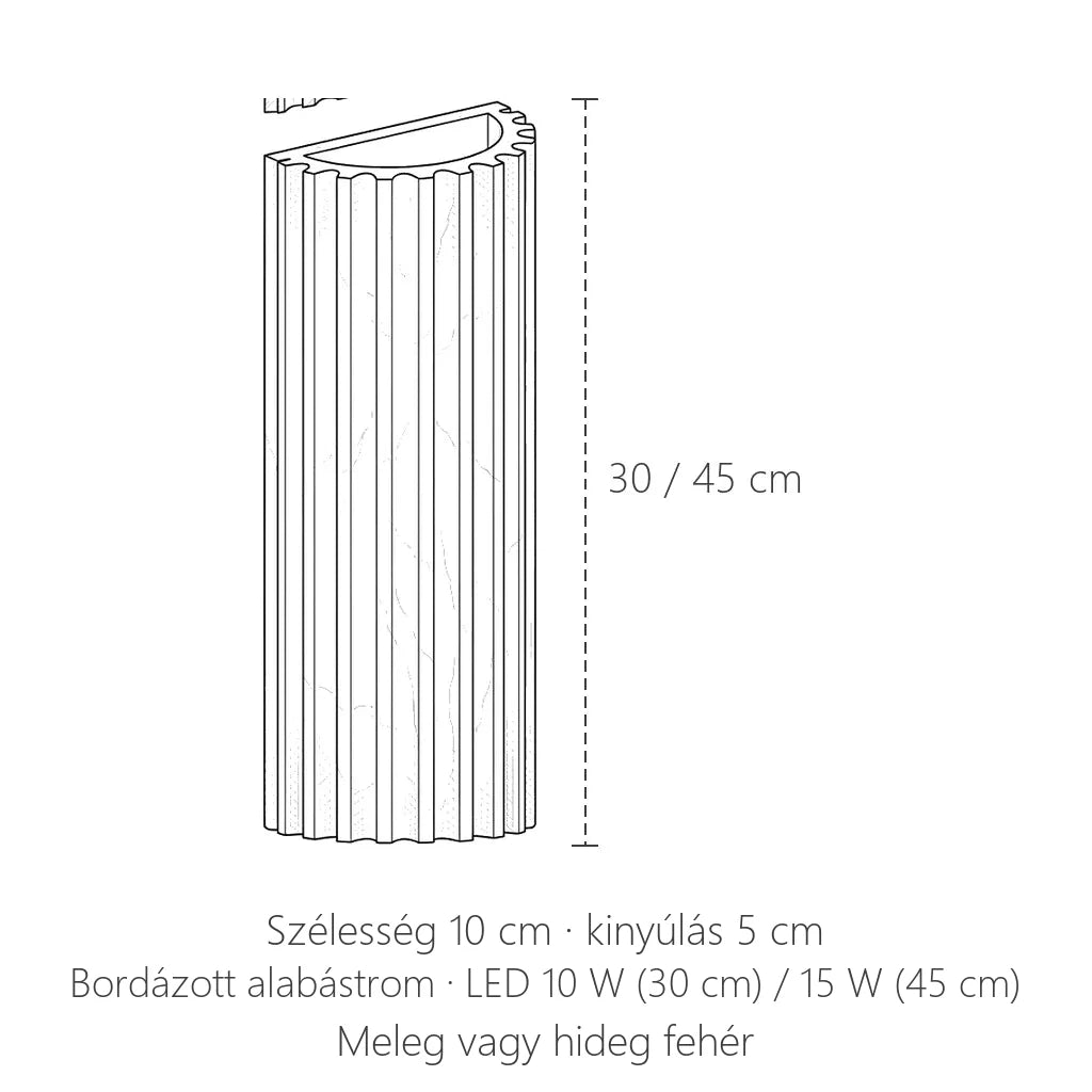 Bordázott alabástrom LED fali lámpa méretei: 30 vagy 45 cm magas, 10 cm széles