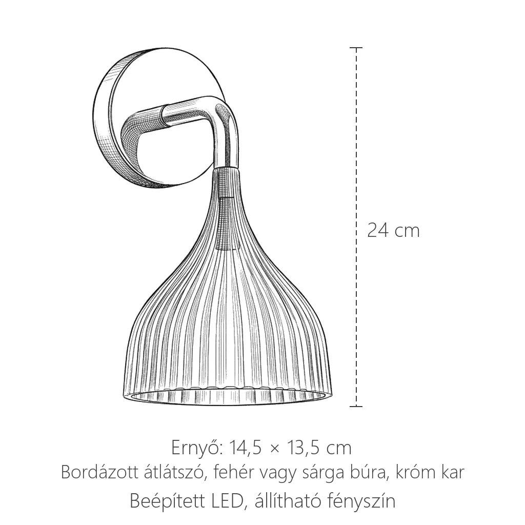 A bordázott harang fali lámpa méretei: magasság 24 cm, ernyő 14,5 × 13,5 cm