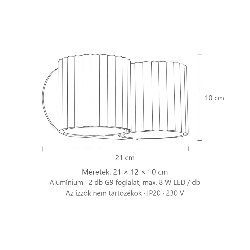 Bordázott henger fali lámpa méretei (2 izzós – G9): 21 × 12 × 10 cm