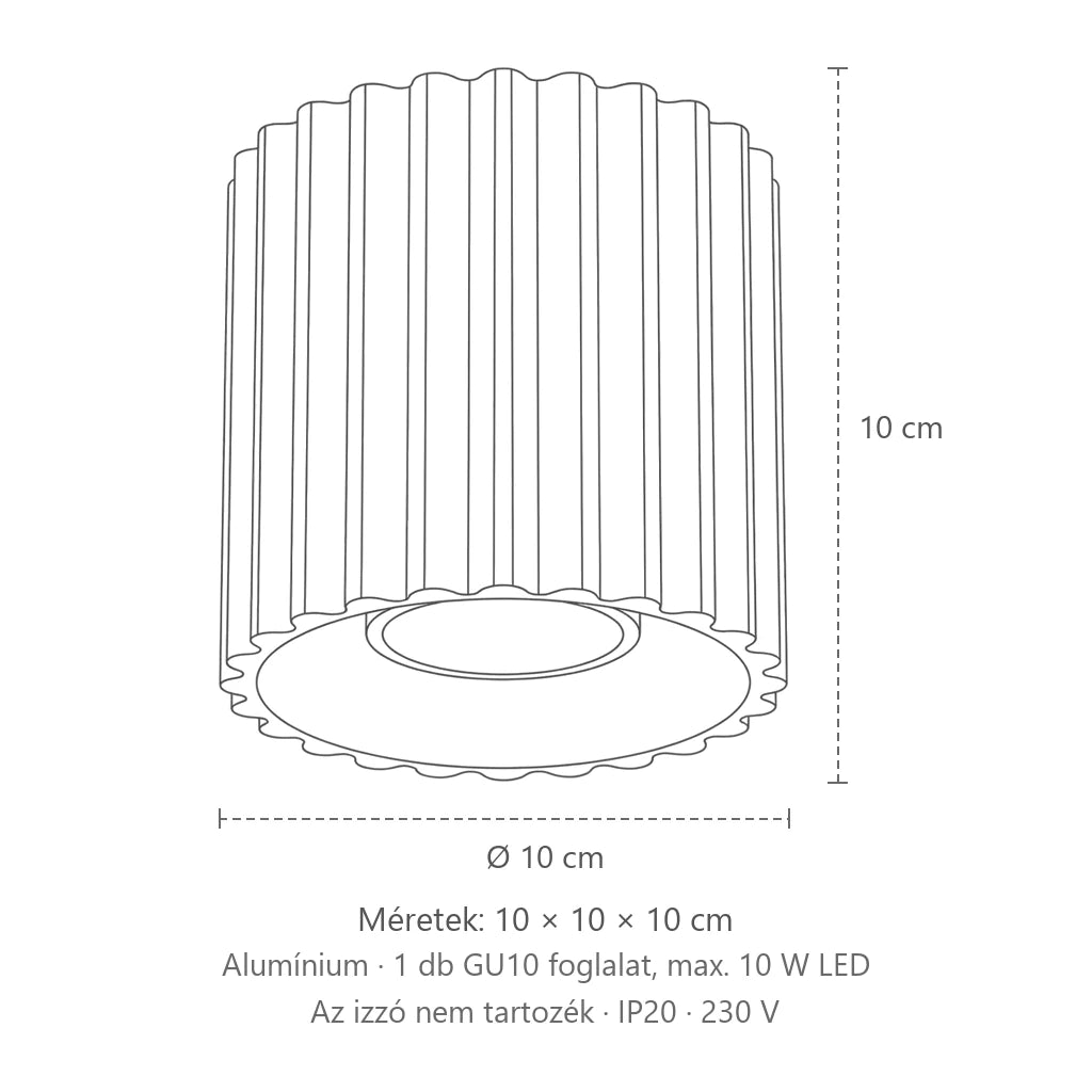 Bordázott hengeres mennyezeti lámpa méretei (1 izzós – GU10): 10 × 10 × 10 cm