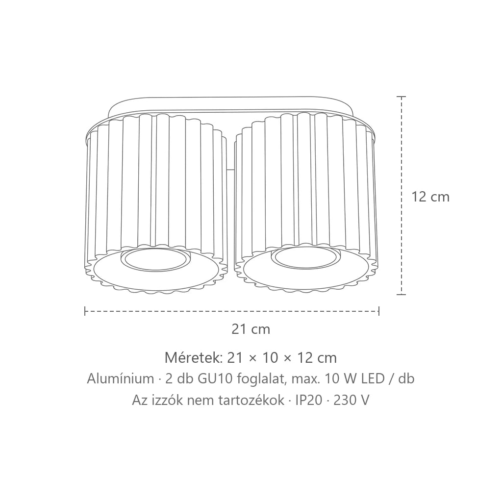 Bordázott hengeres mennyezeti lámpa méretei (2 izzós – GU10): 21 × 10 × 12 cm