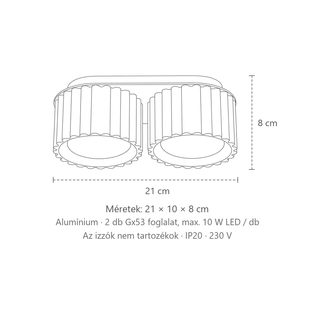 Bordázott hengeres mennyezeti lámpa méretei (2 izzós – GX53): 21 × 10 × 8 cm