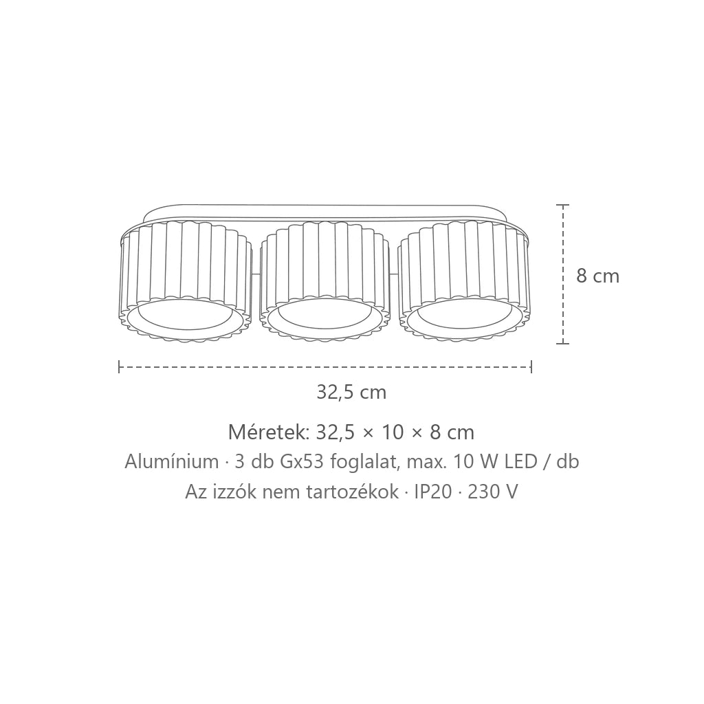 Bordázott hengeres mennyezeti lámpa méretei (3 izzós – GX53): 32,5 × 10 × 8 cm