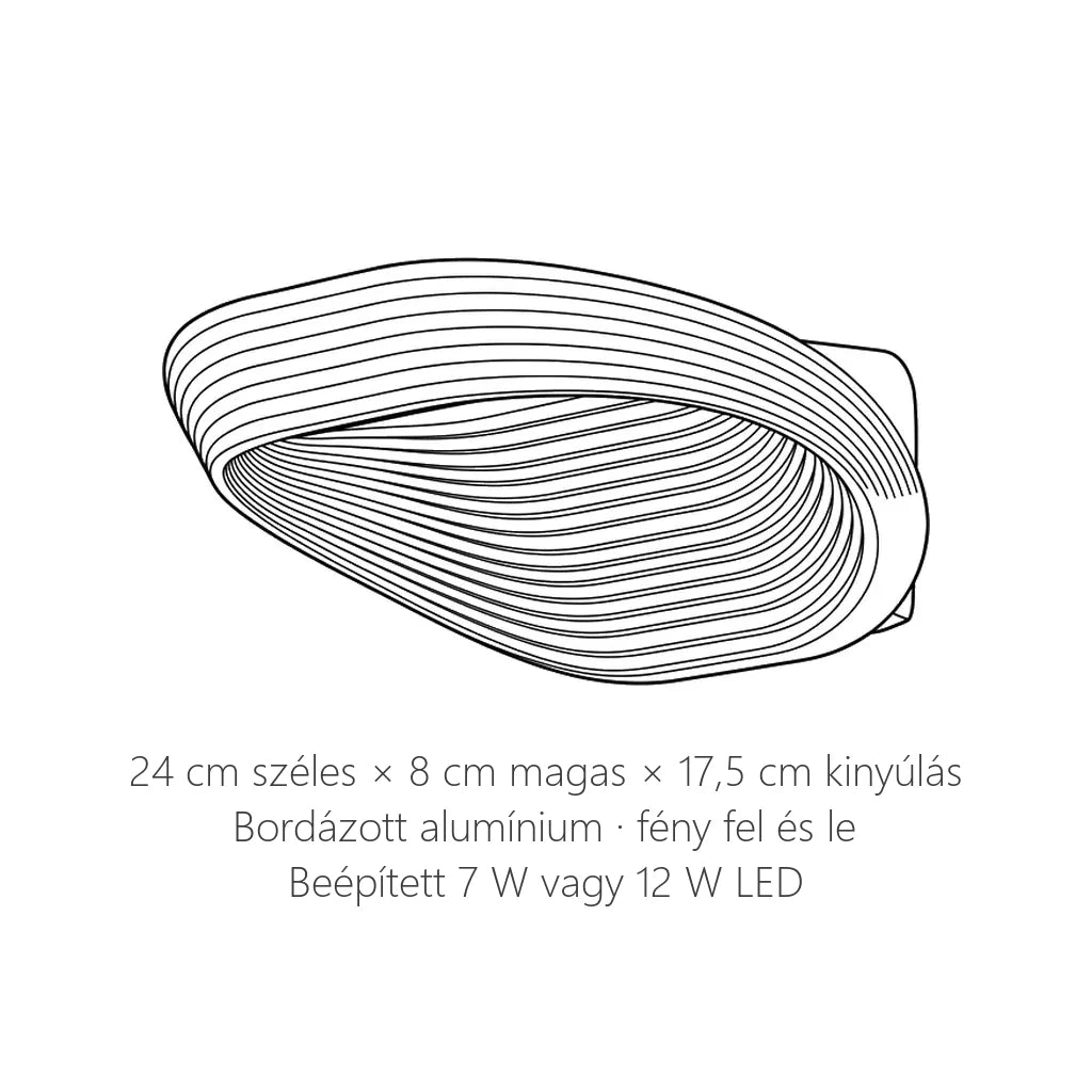 Bordázott kagyló LED fali lámpa méretei: 24 × 8 cm, kinyúlás 17,5 cm