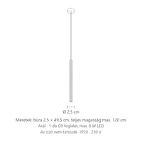 Bordázott vékony cső függőlámpa méretei: búra 2,5 × 49,5 cm, teljes magasság max. 120 cm