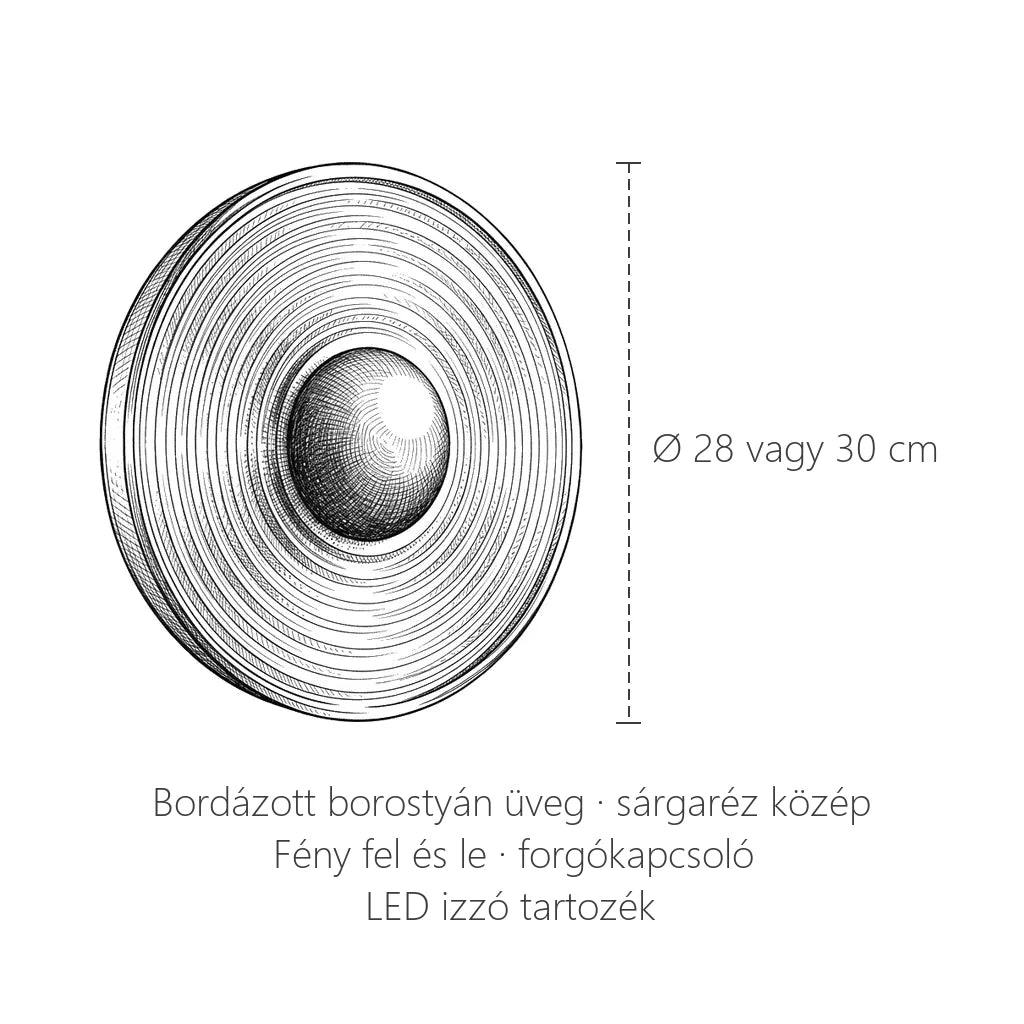 Bordázott borostyán üveg fali lámpa méretei: Ø 28 vagy 30 cm