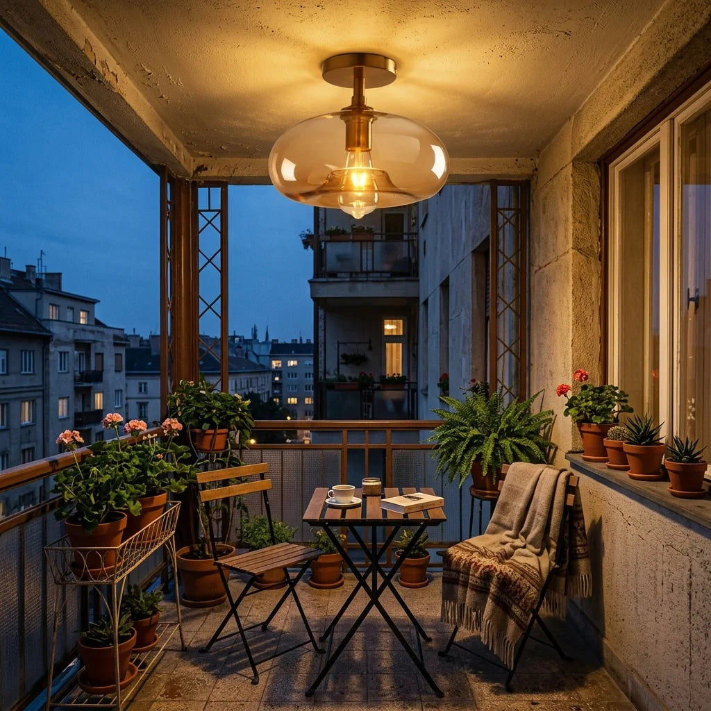 Borostyán üveg lámpa fedett erkélyen