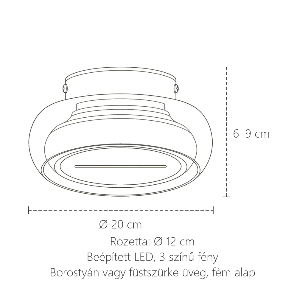 Üveg mennyezeti lámpa méretei: Ø 20 cm, 6–9 cm magas