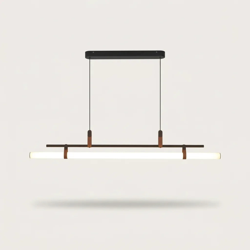 Fekete LED cső függőlámpa barna bőr pántokkal