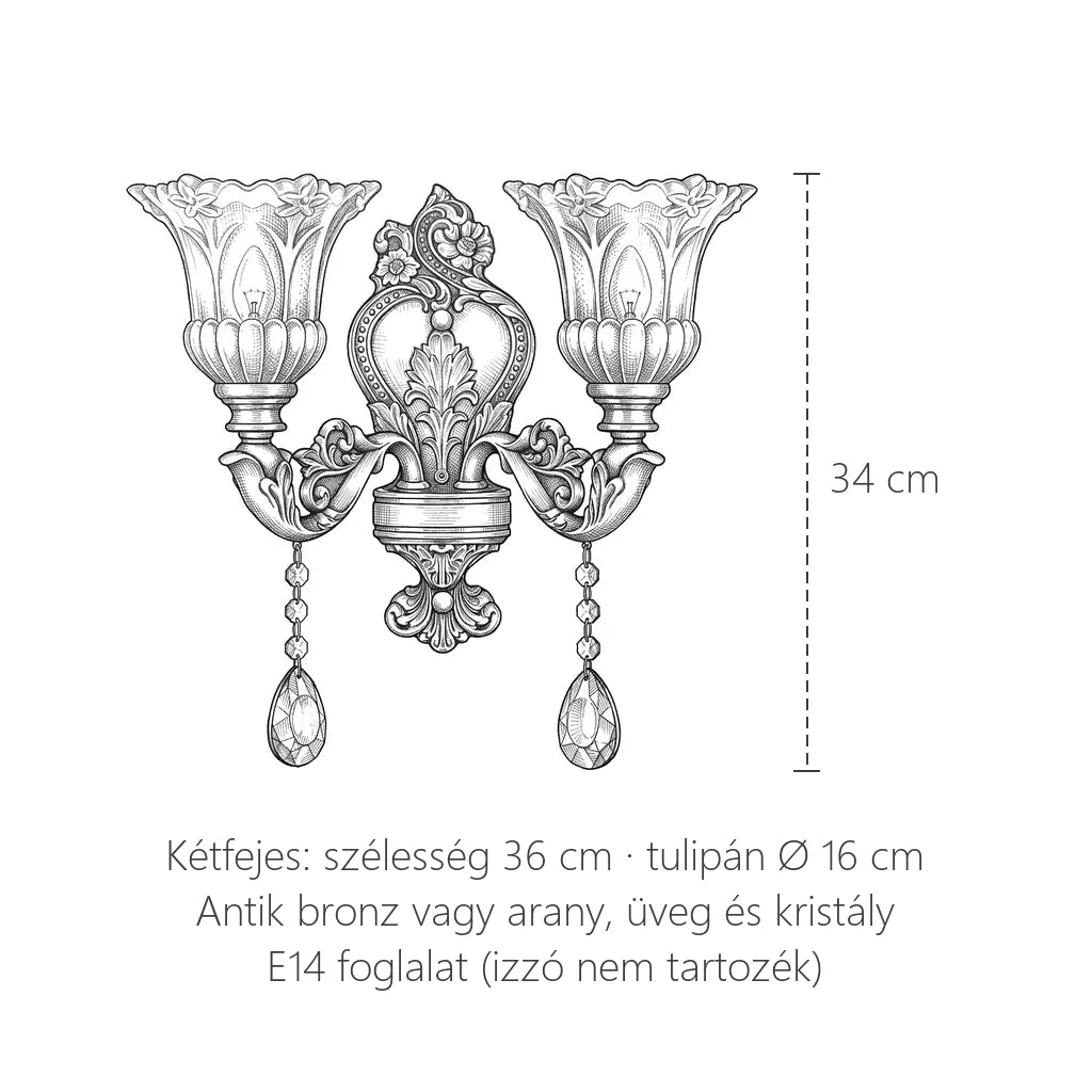A bronz kristály tulipános fali lámpa méretei: 36 × 34 cm