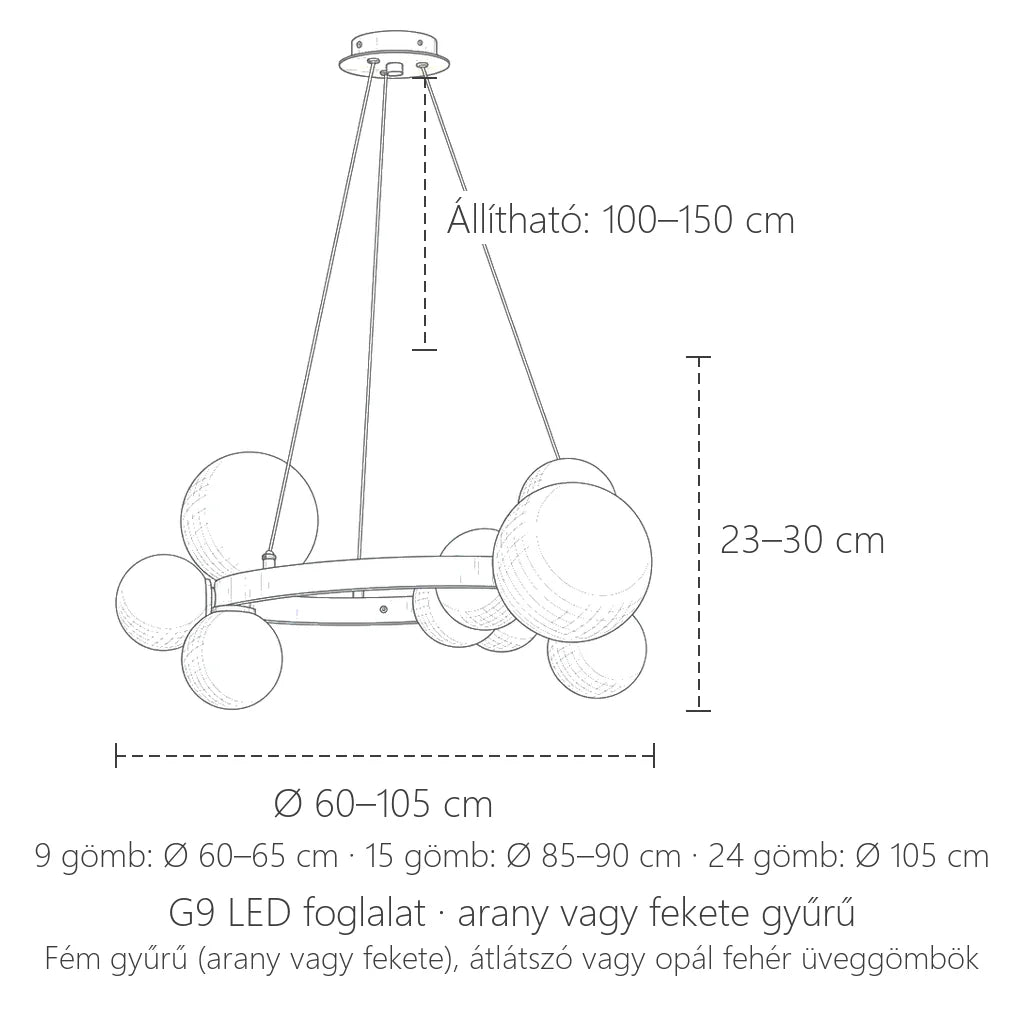 Gyűrűs csillár méretei: Ø 60–105 cm, 100–150 cm függesztés