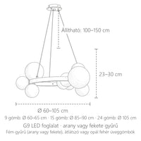 Gyűrűs csillár méretei: Ø 60–105 cm, 100–150 cm függesztés
