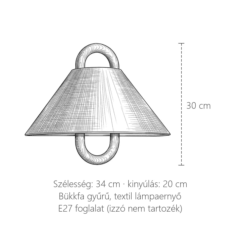 A bükkfa gyűrűs ernyős fali lámpa méretei: 34 × 30 cm, kinyúlás 20 cm