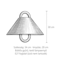 A bükkfa gyűrűs ernyős fali lámpa méretei: 34 × 30 cm, kinyúlás 20 cm