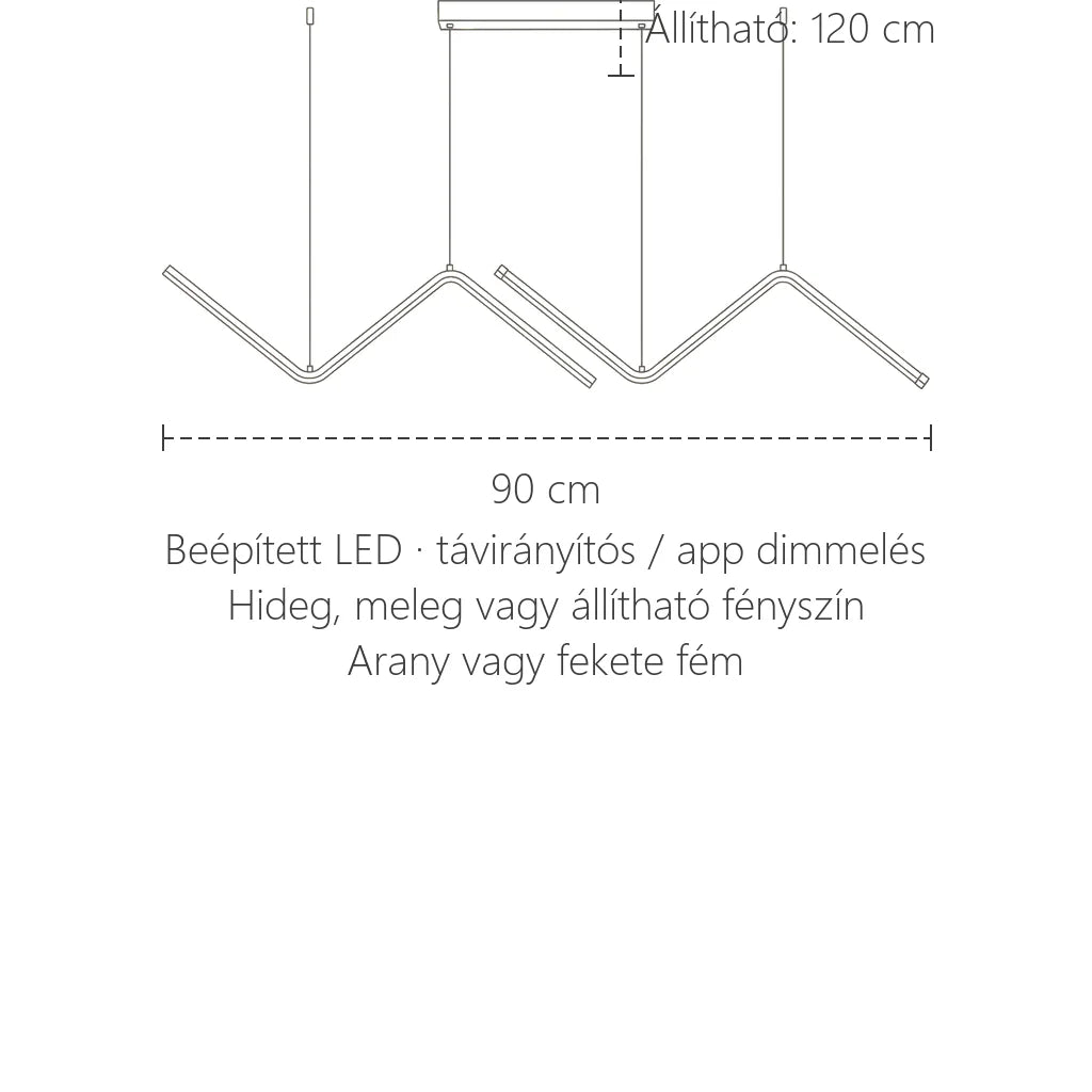 Cikkcakk LED lámpa méretei: 90 cm hosszú, 120 cm függesztés