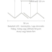 Cikkcakk LED lámpa méretei: 90 cm hosszú, 120 cm függesztés