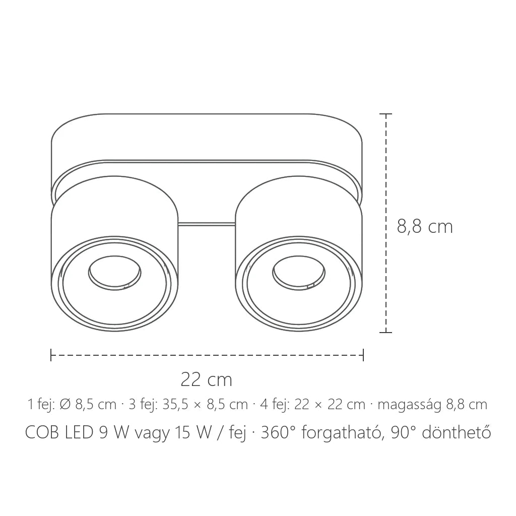 Kétfejes LED COB spotlámpa méretei: 22 × 8,5 × 8,8 cm