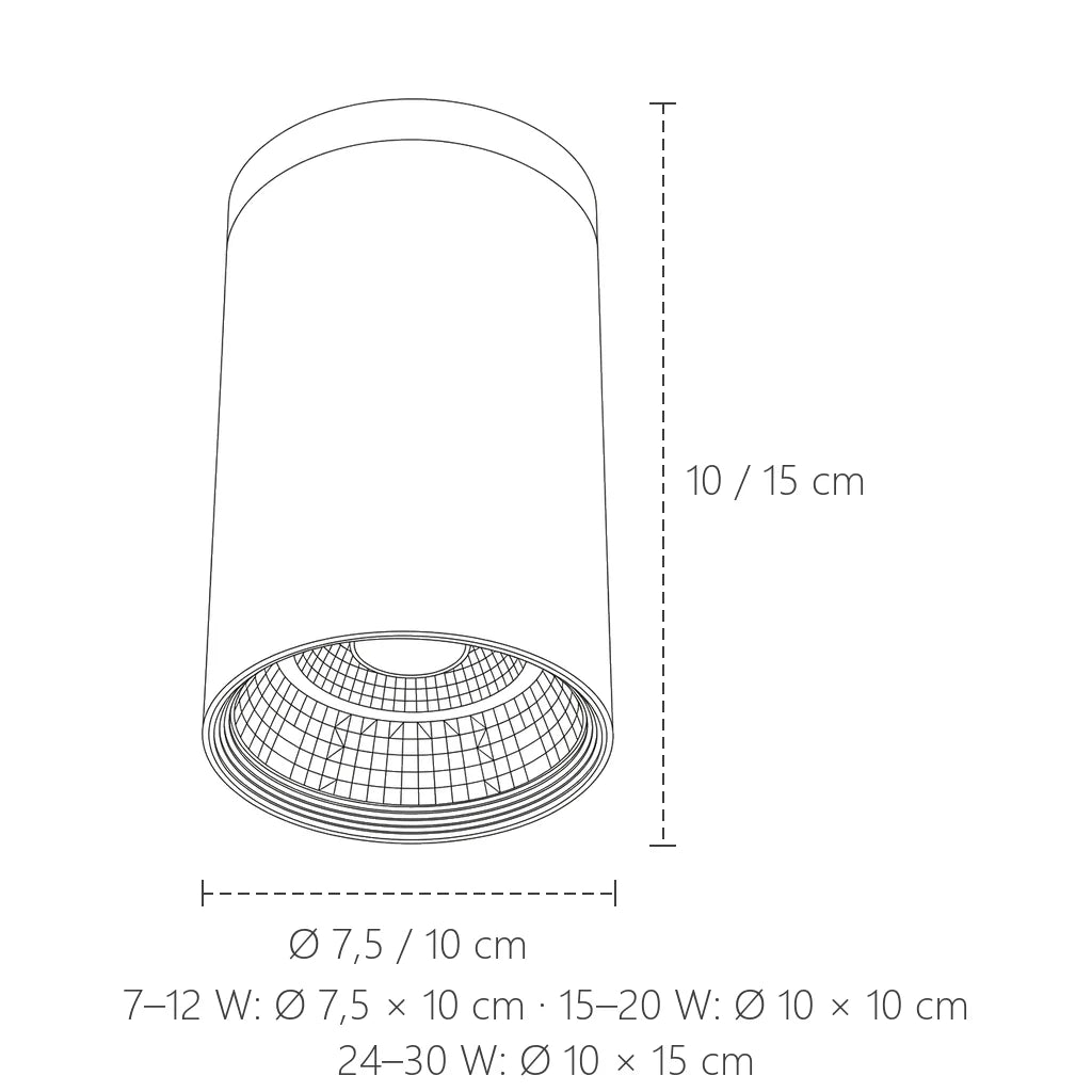 COB LED downlight méretei: Ø 7,5 vagy 10 cm, 10 vagy 15 cm magas
