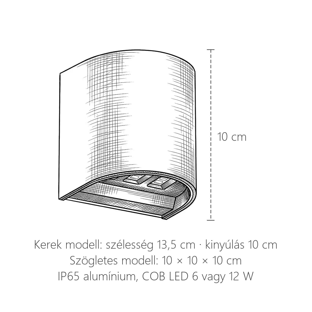 A COB LED kültéri fali lámpa méretei: magasság 10 cm, szélesség 13,5 cm