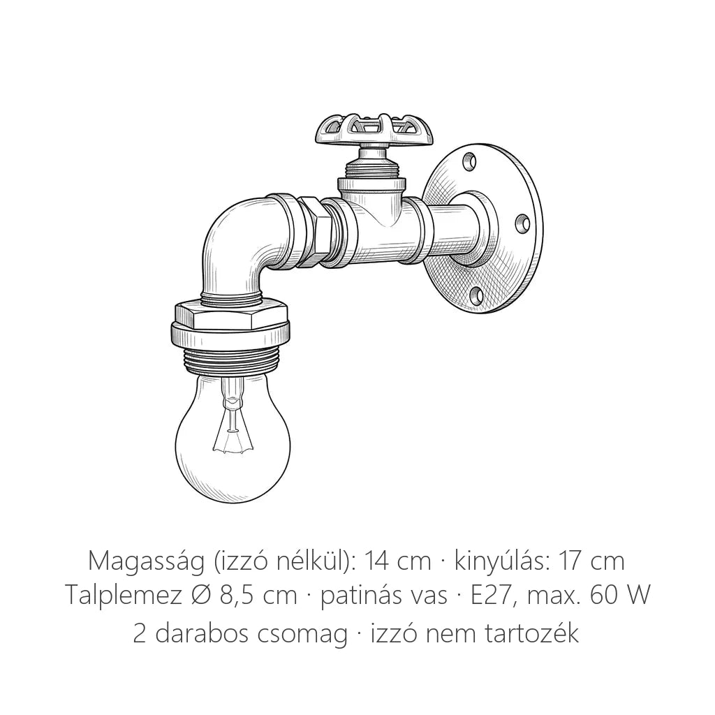 Csapos ipari fali lámpa méretei: 14 cm magas, kinyúlás 17 cm