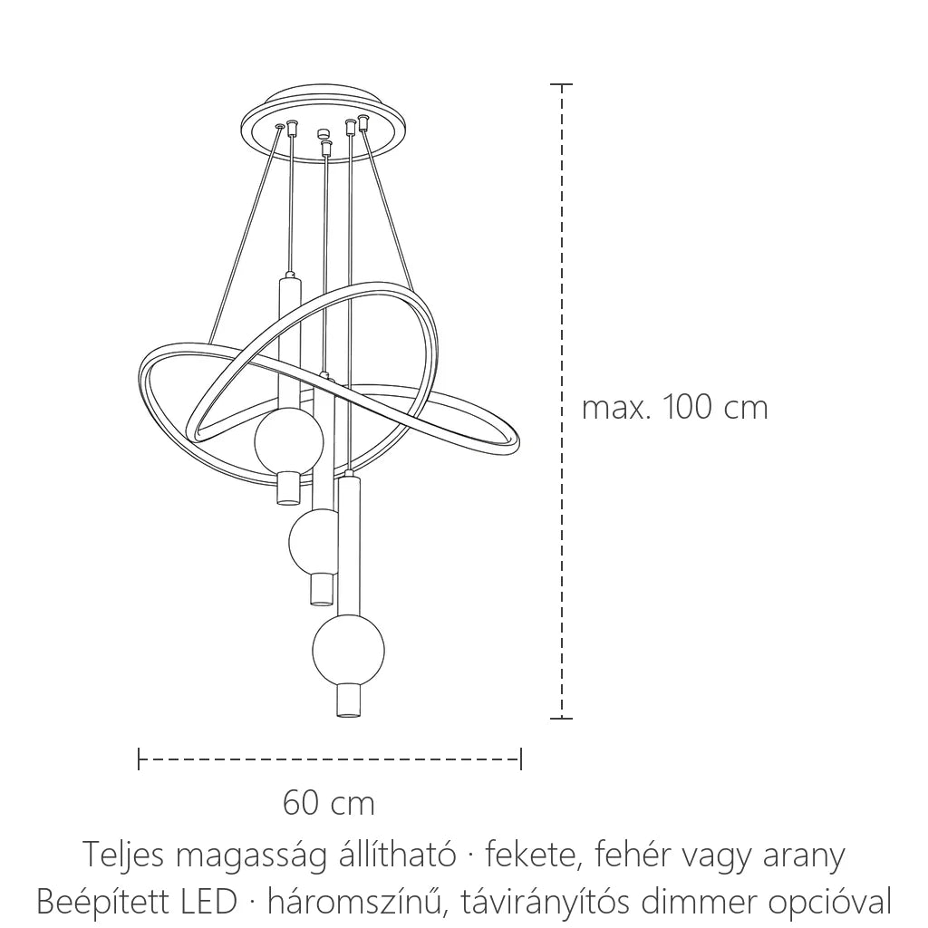 Csavart gyűrűs LED csillár méretei: 60 cm széles, max. 100 cm magas