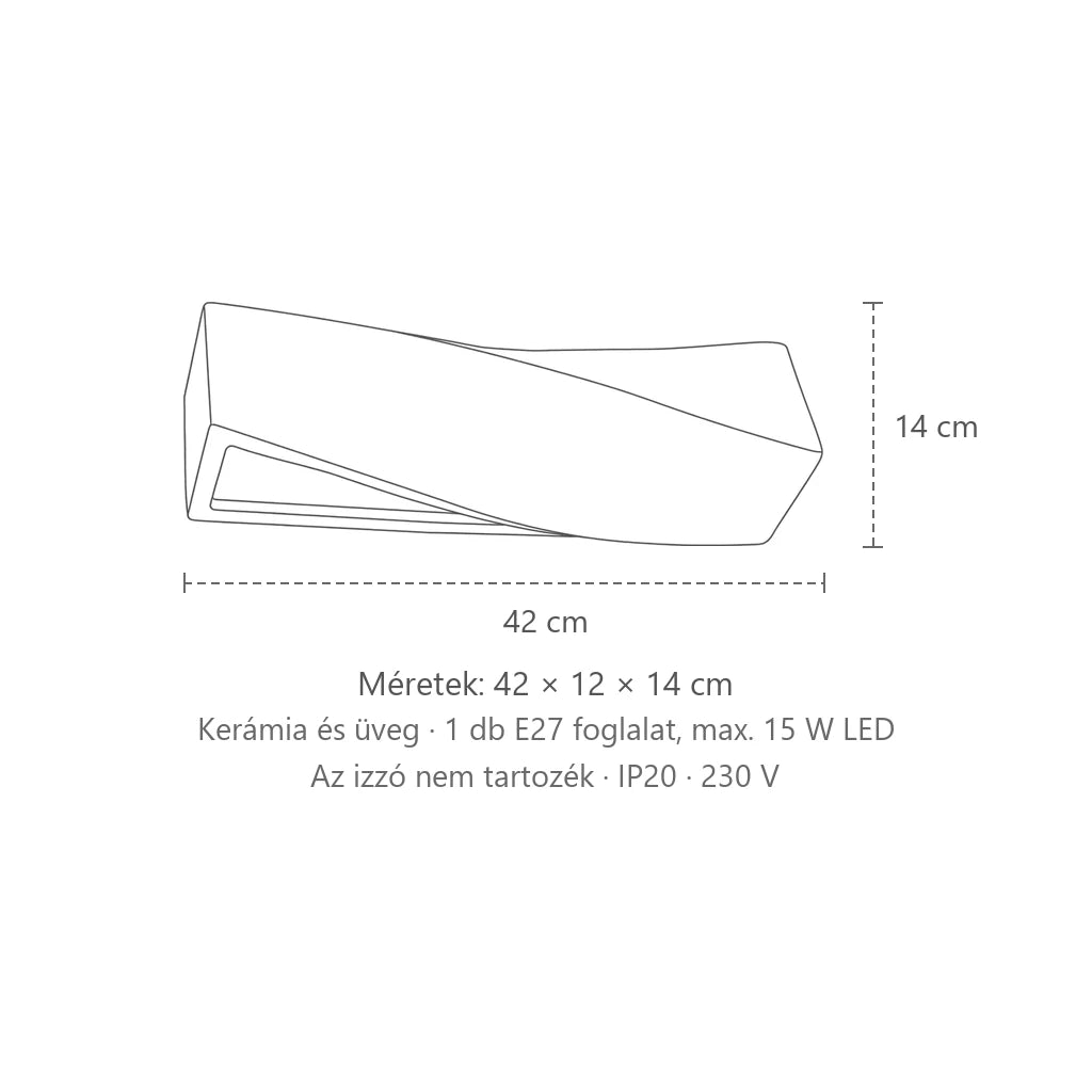 Csavart formájú kerámia vagy beton fali lámpa méretei (1 izzós – kerámia): 42 × 12 × 14 cm