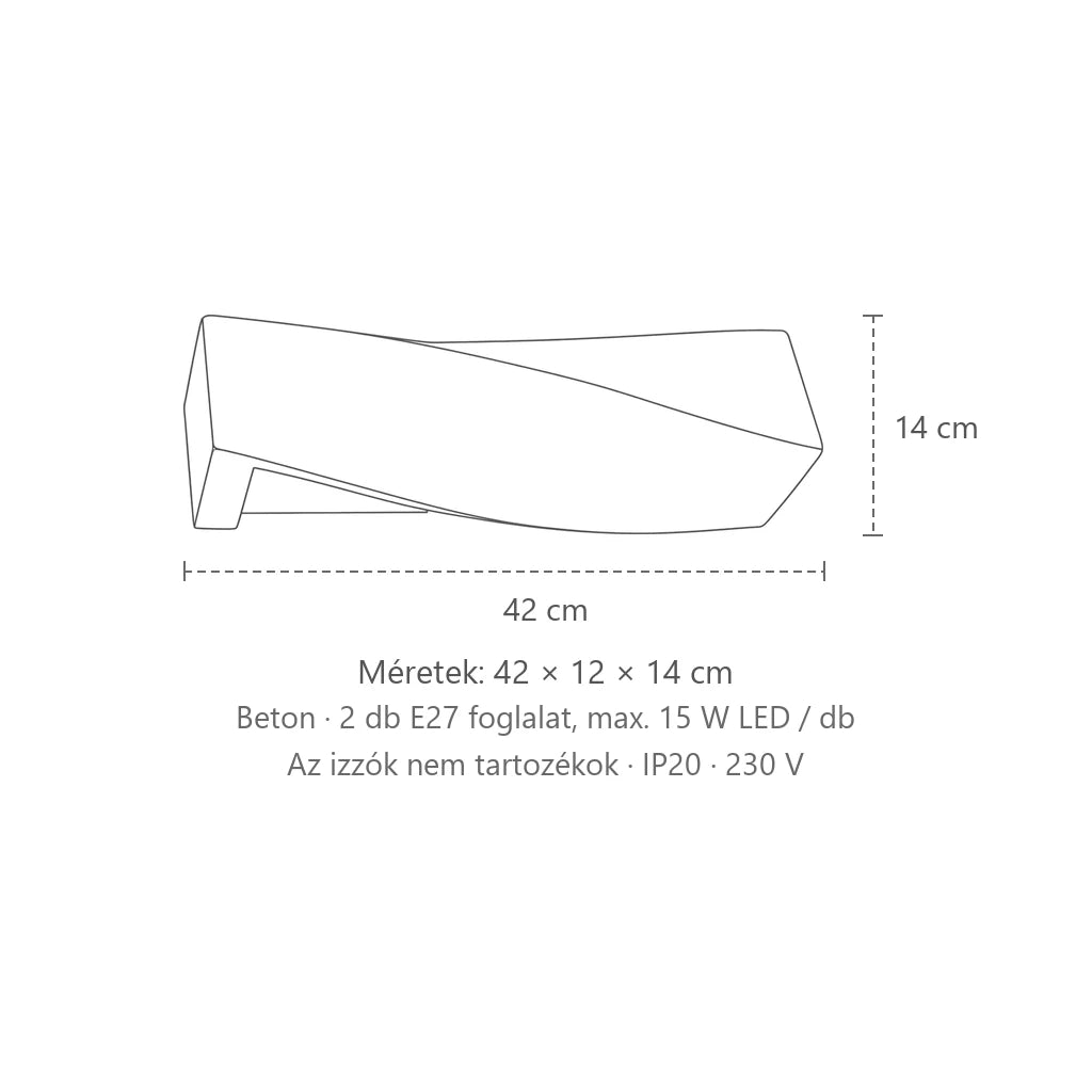 Csavart formájú kerámia vagy beton fali lámpa méretei (2 izzós – beton): 42 × 12 × 14 cm