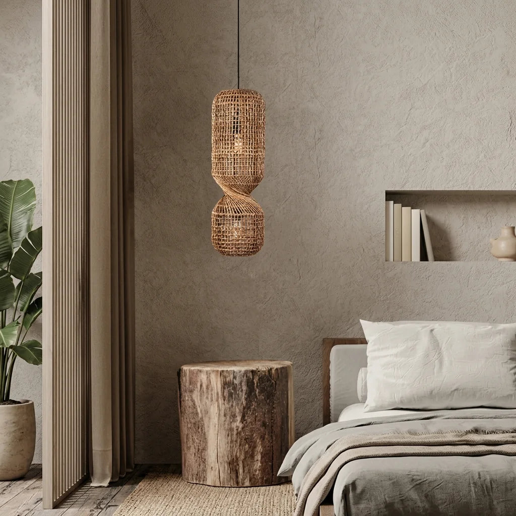 Rattan henger függőlámpa natúr hálószobában