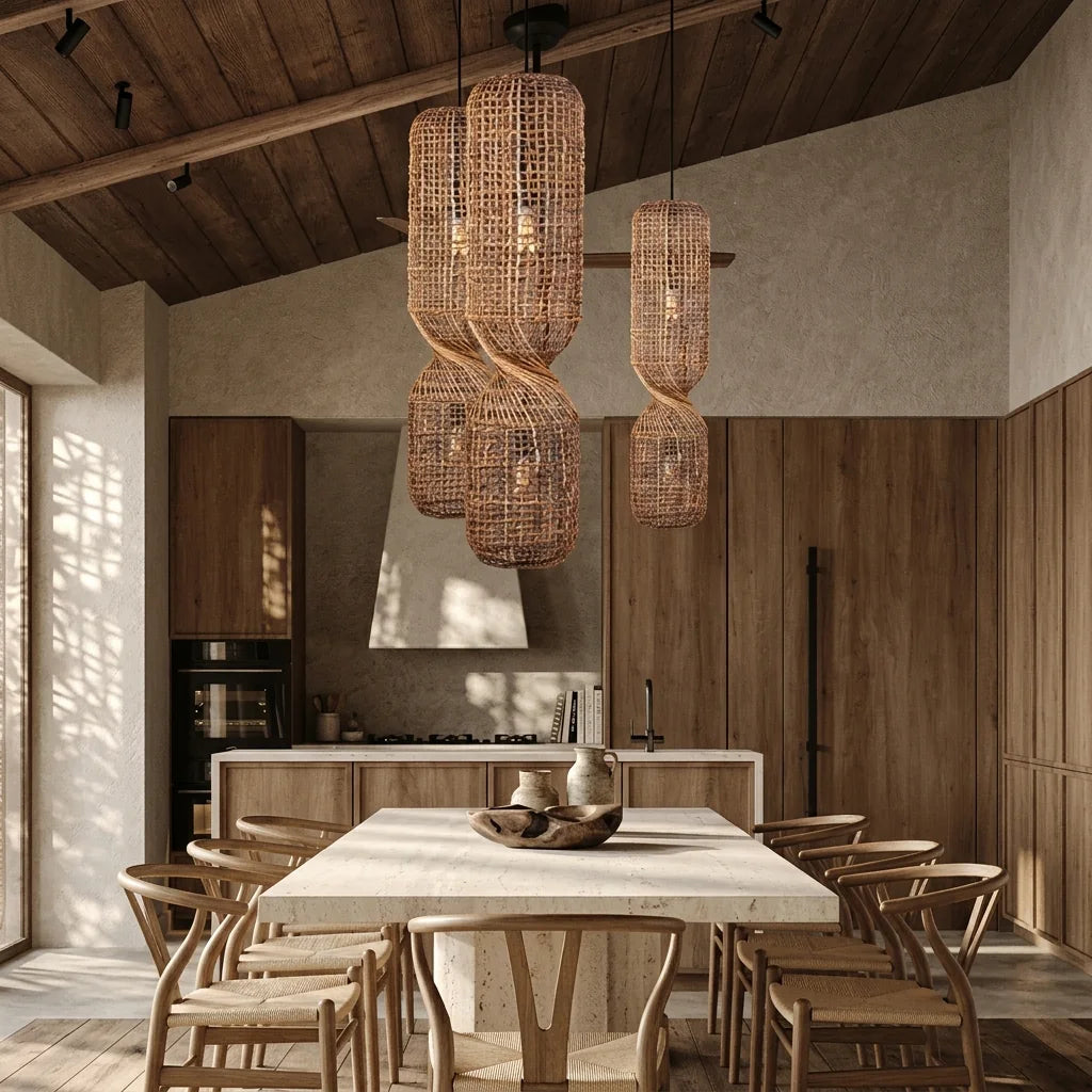 Rattan henger lámpák wabi-sabi konyhában