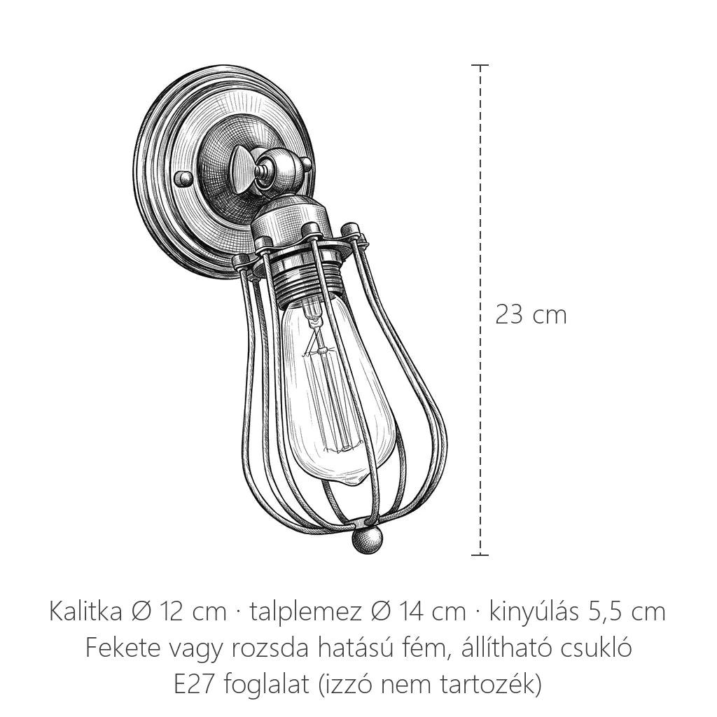 A csepp kalitkás rusztikus fali lámpa méretei: magasság 23 cm, kalitka Ø 12 cm