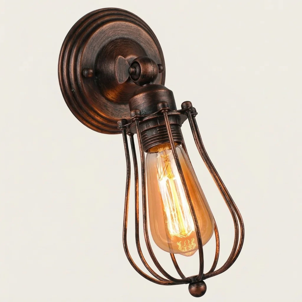 Rozsda színű csepp kalitkás fali lámpa, világítva