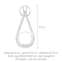 A csepp keretes opál gömbös fali lámpa méretei: 37 × 16 cm