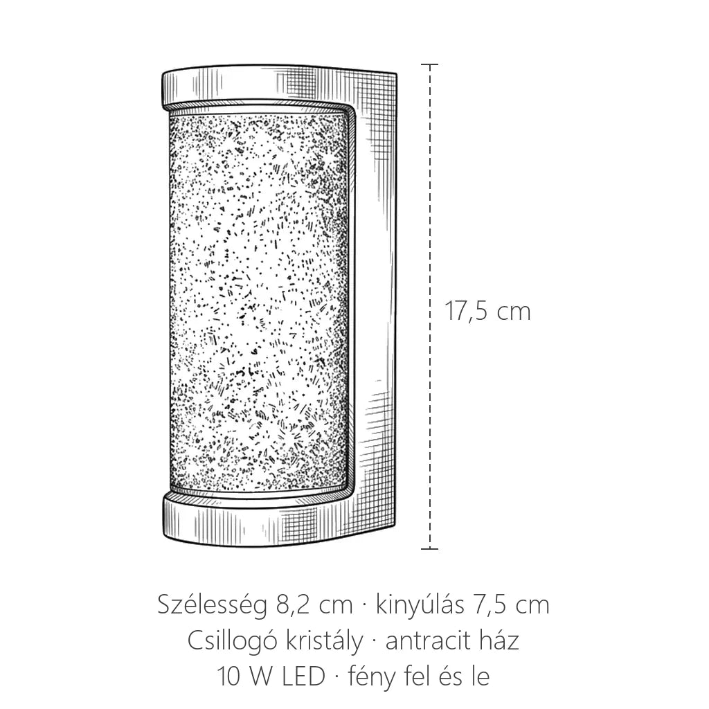 Csillogó kristály LED fali lámpa méretei: 17,5 cm magas, 8,2 cm széles