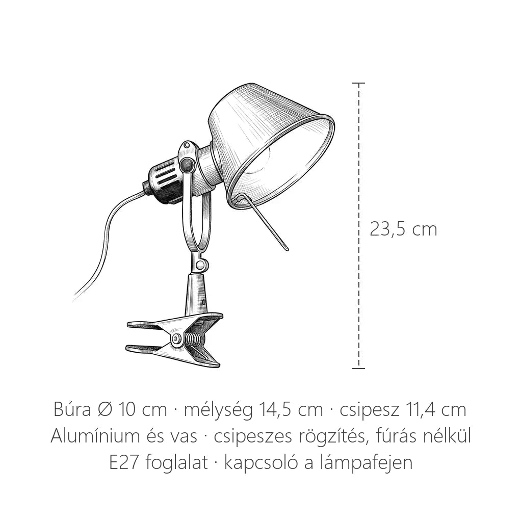 Csíptetős fali lámpa méretei: 23,5 cm magas, búra Ø 10 cm