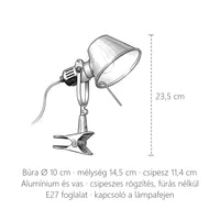 Csíptetős fali lámpa méretei: 23,5 cm magas, búra Ø 10 cm