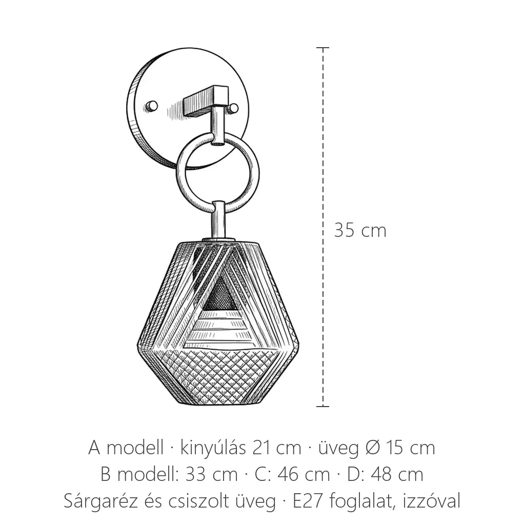 Csiszolt üveg és sárgaréz fali lámpa méretei: 35 cm magas